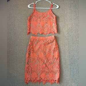 Alice + Olivia Coral and Beige Lace Ensemble